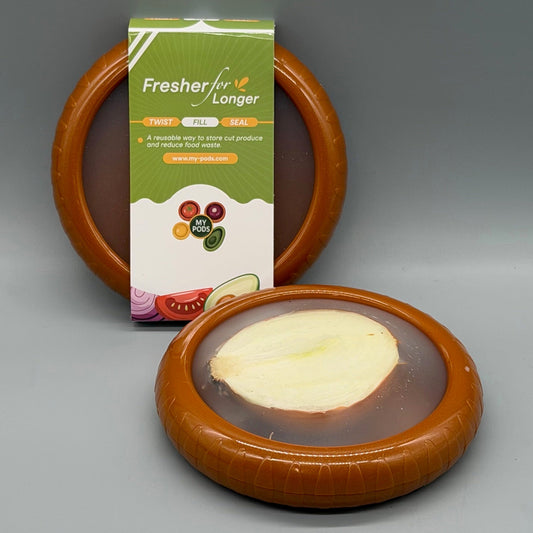 Brown My Pod silicone food storage pod for fridge leftovers